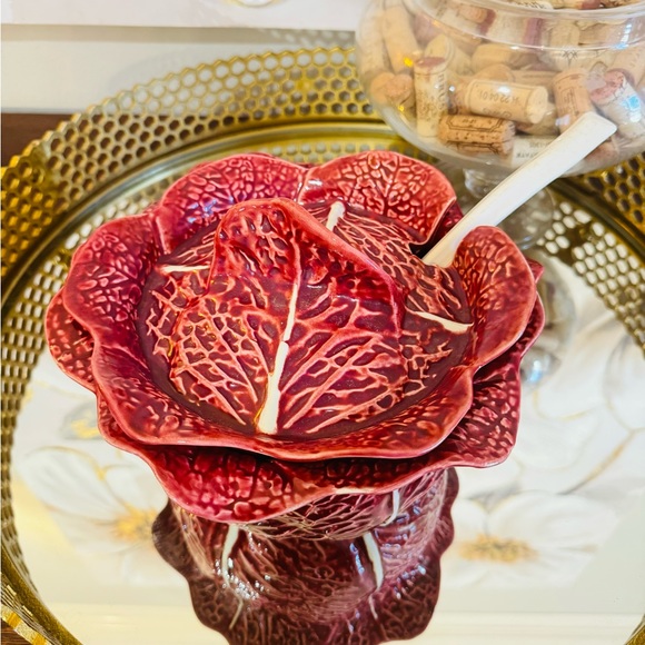 Rare VTG Secla Red Cabbage Art Portugal Pottery Leaf Tureen, Lid, Ladle Majolica - Picture 2 of 11